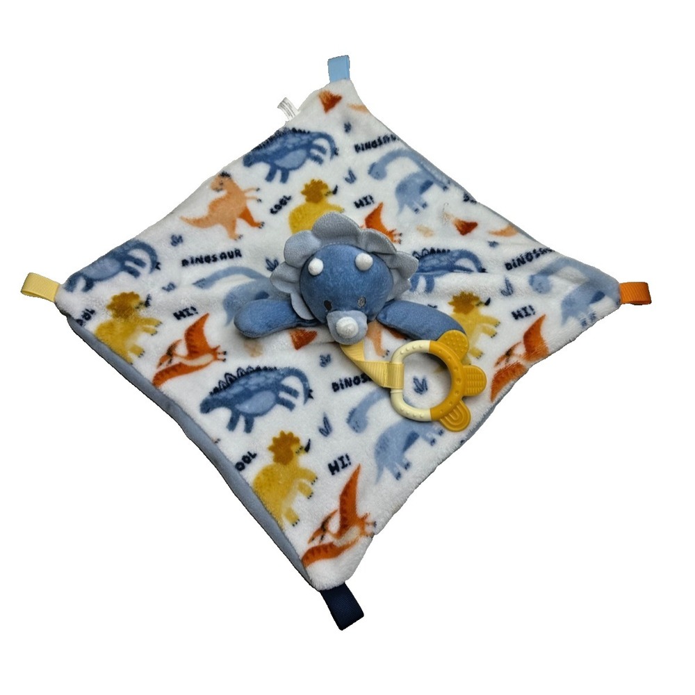 Baby Security Blanket Dinosaur Teether Blue Triceratops Tabs Plush Lovey